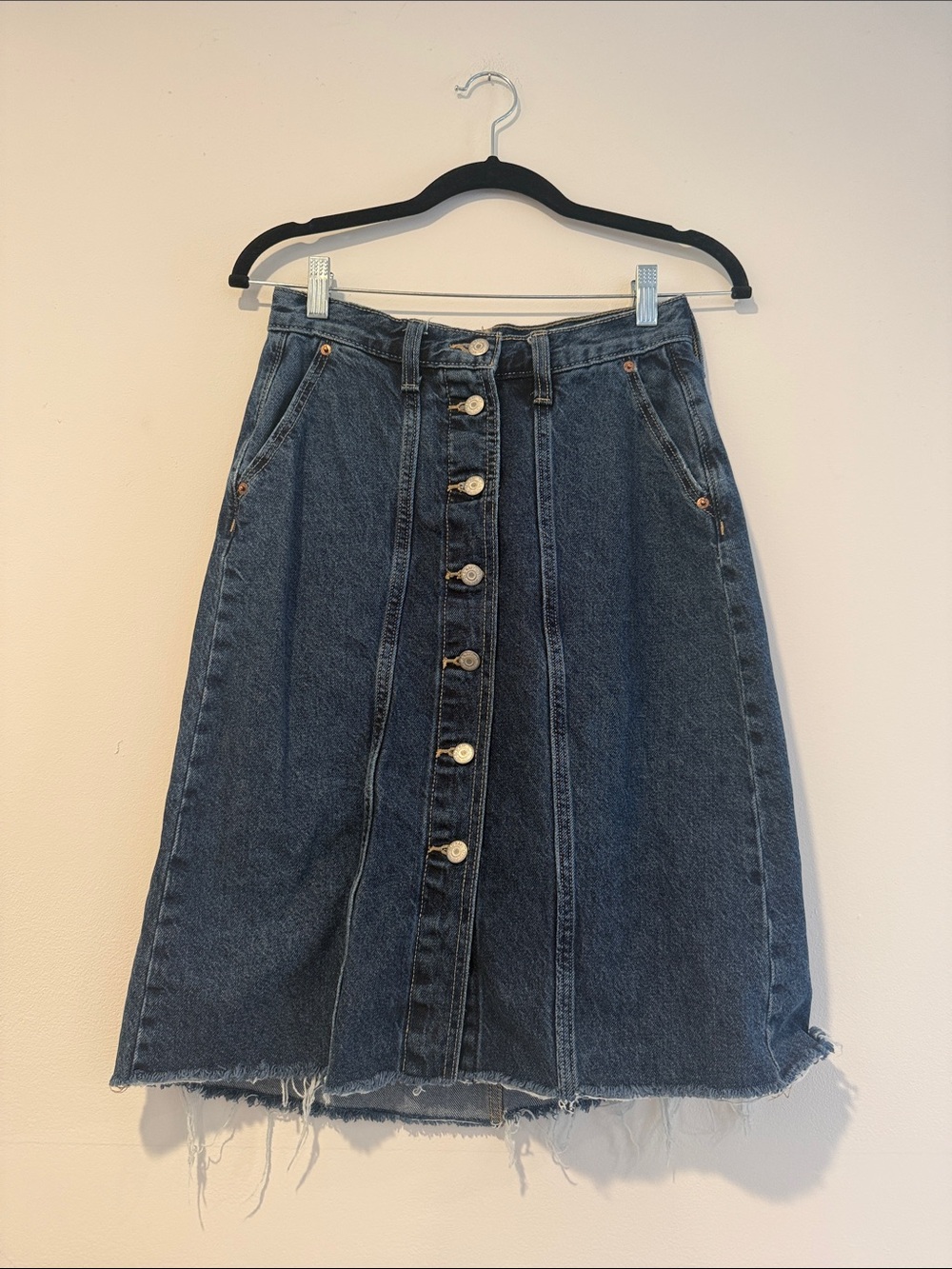High Waist Button Front Denim Midi Skirt